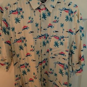 Men's Vacation Palm Print Button-Up Shirt - Cream with Blue & Red